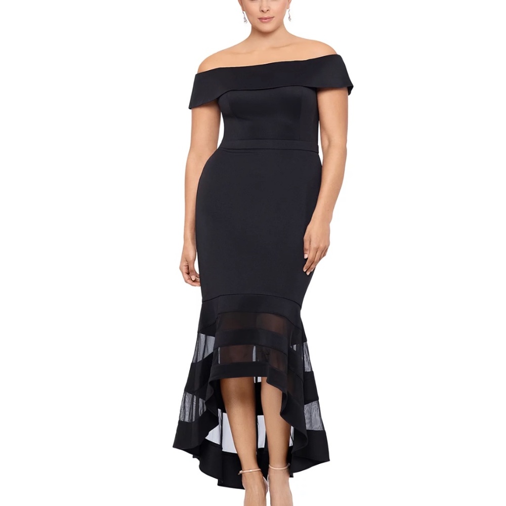 EUC XSCAPE High-Low Off-The-Shoulder Midi Dress Black Cocktail Gown Size 18W